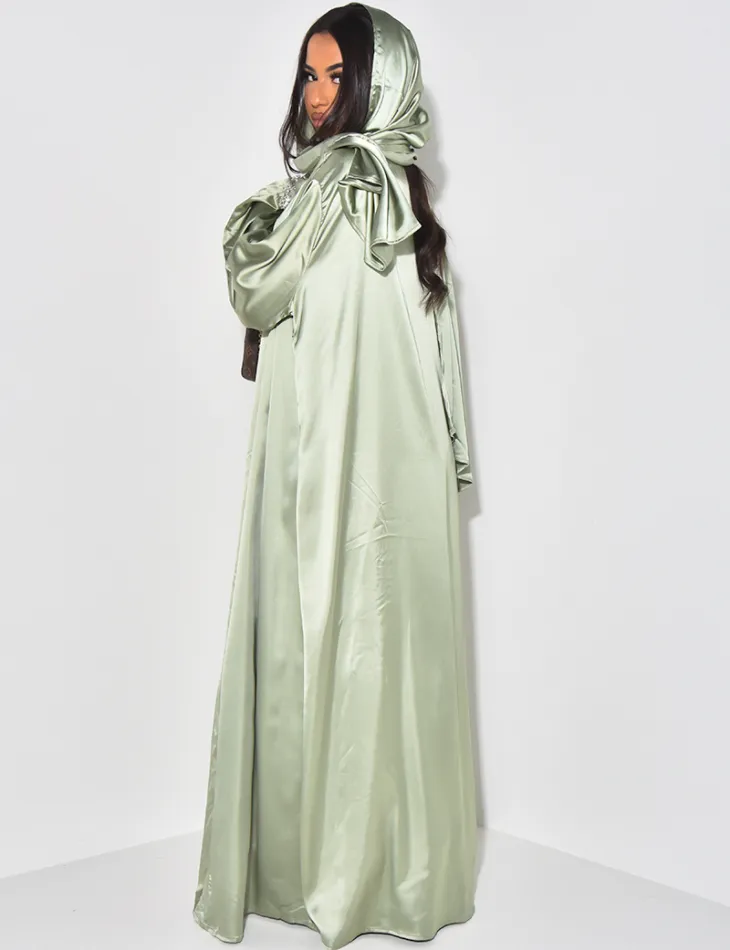 Ensemble 3 pièces robe, voile et kimono en satin à strass sur les manches / 59661 - JEANS INDUSTRY