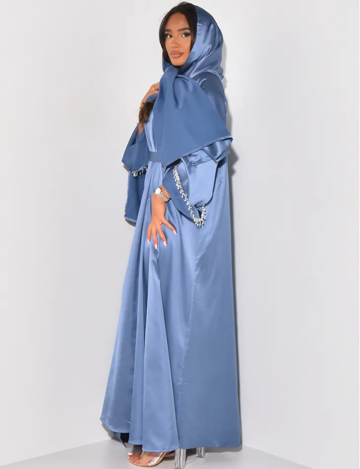 Ensemble 3 pièces robe, voile et kimono en satin à strass sur les manches / 59661 - JEANS INDUSTRY