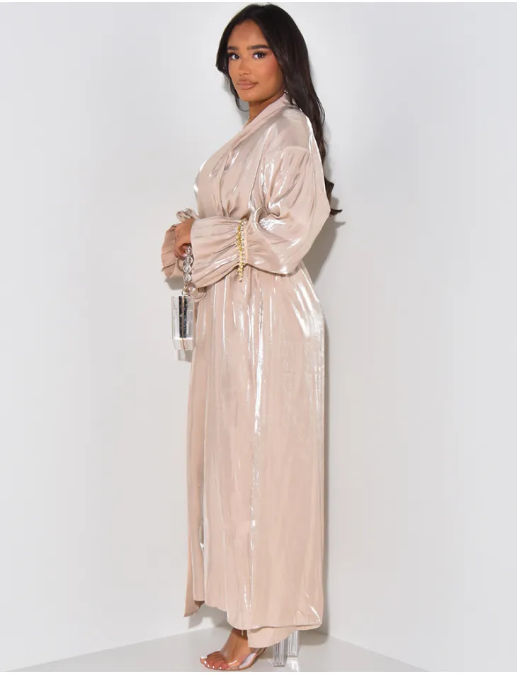 Ensemble robe et kimono en satin irrisé à perles et strass sur les manches / 59215 - JEANS INDUSTRY