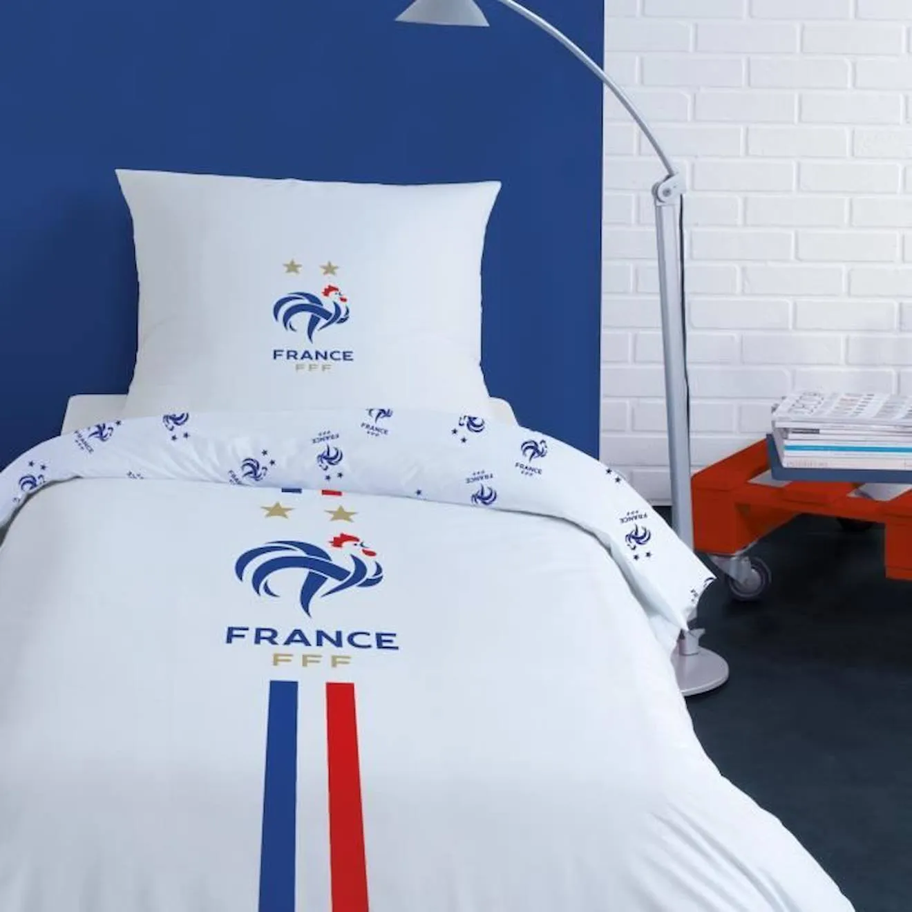 Housse de couette + taie d'oreiller 100% coton Equipe de France FFF Classic - Taille : 140x200 cm blanc - 