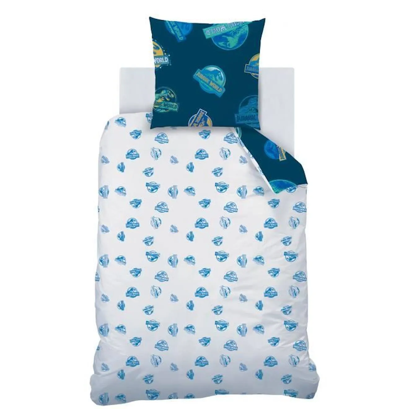 Housse de couette et taie d'oreiller 100% coton, JURASSIC WORLD BADGES. Taille : 140x200 cm bleu - Omydream
