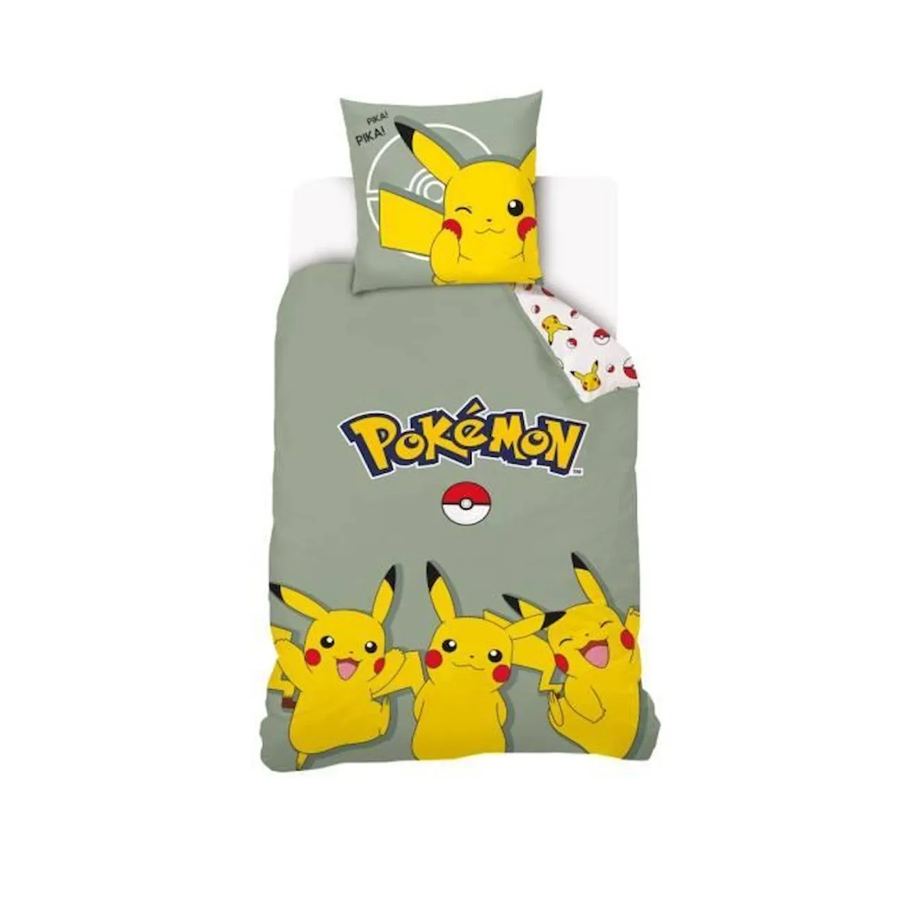 Housse De Couette Pikachu Pokémon 140x200 cm + 1 Taie d'oreiller 63x63 cm - 100% Coton - Vert Sauge vert - Pokémon