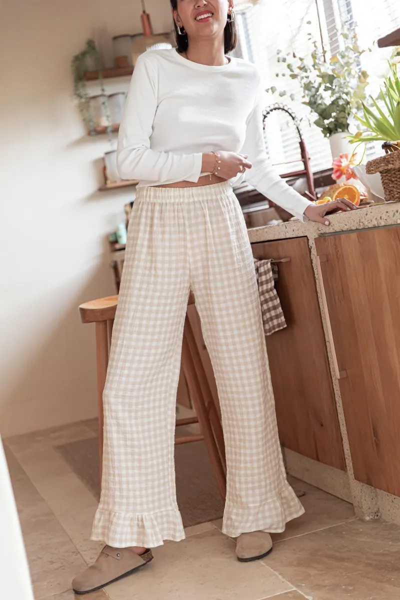 JOULIA Pantalon Vichy à noeuds gaze de coton femme