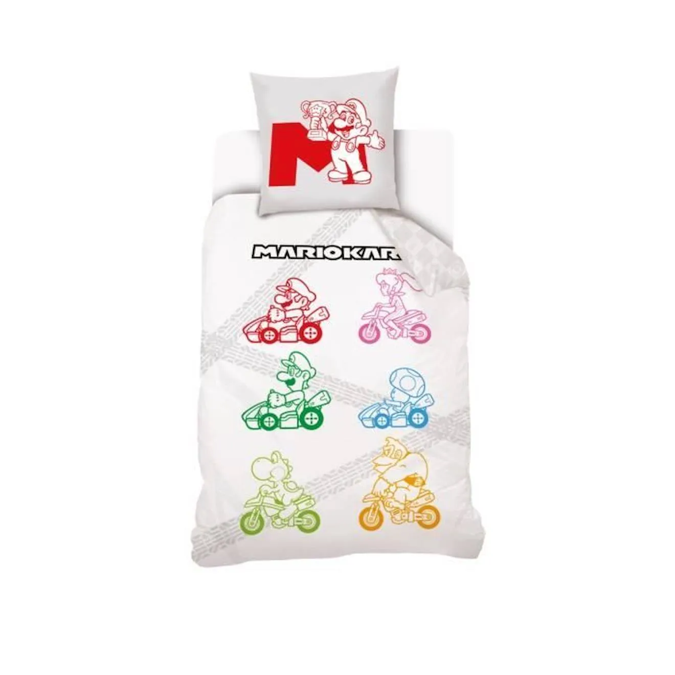 MARIO - Housse de couette Mario Kart Rainbow 140x200 cm + 1 Taie D'Oreiller 63x63 cm - 100% Coton - Blanche blanc - 