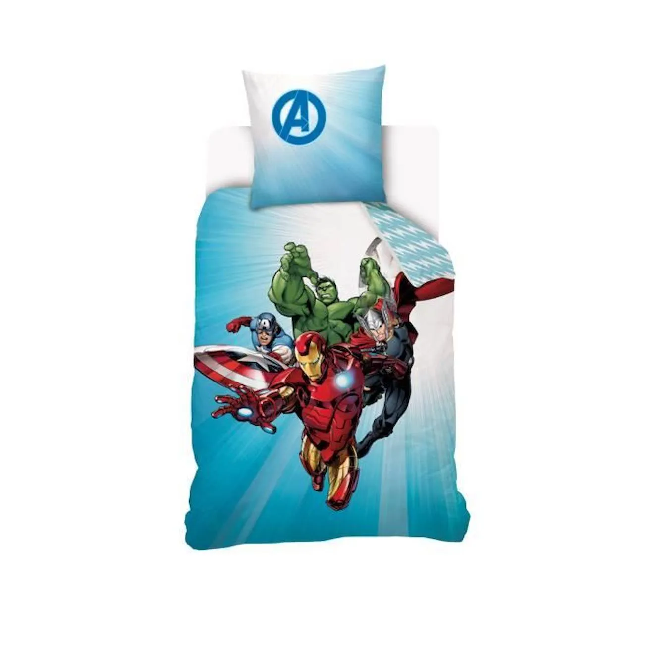 MARVEL - Housse de couette Avengers Originals 140x200 cm + 1 Taie d'oreiller 63x63 cm - 100% Coton - Bleu et blanc bleu - Ma