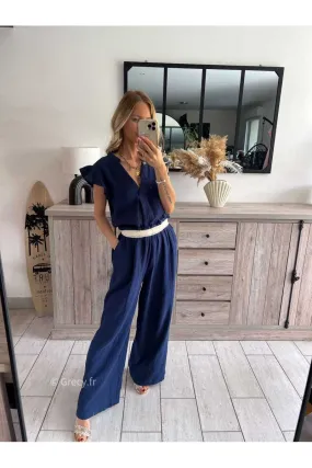 Pantalon en gaze de coton bleu marine avec poches