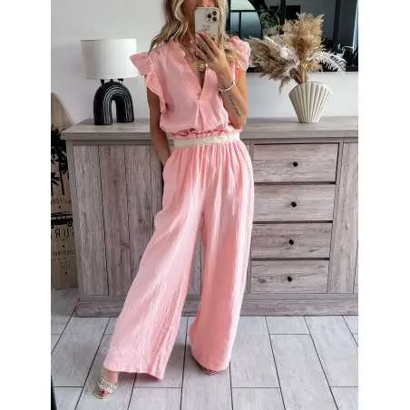 Pantalon en gaze de coton rose avec ceinture dentelle