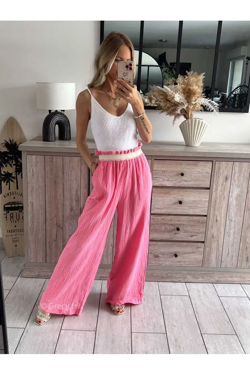 Pantalon en gaze de coton rose clair taille élastique dentelle