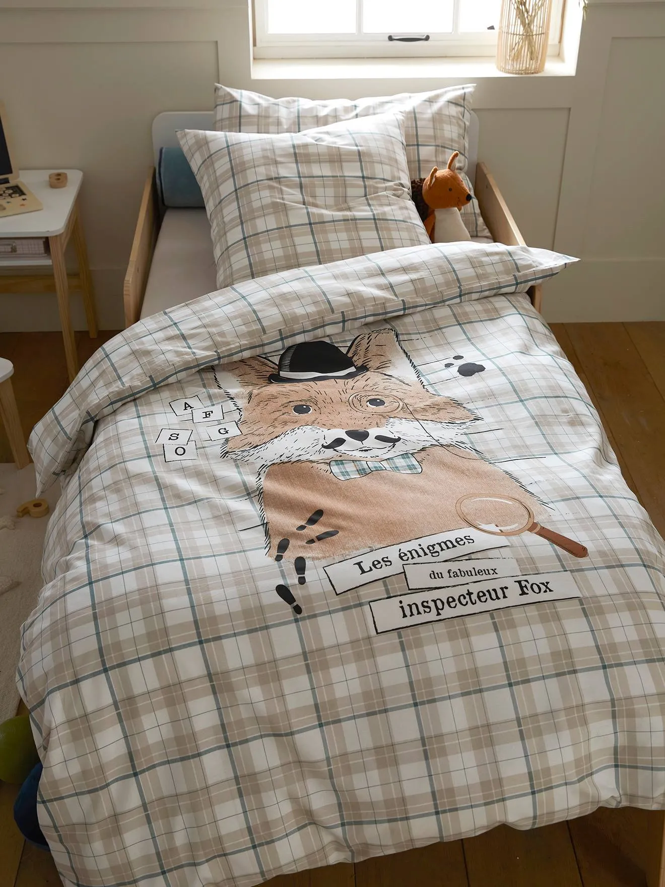 Parure housse de couette + taie d'oreiller enfant DANDY FOX beige - Vertbaudet