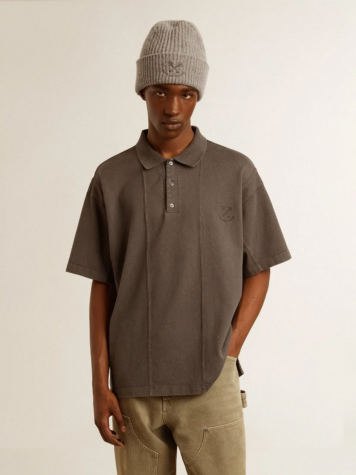 Polo homme en coton gris anthracite et broderie | Golden Goose