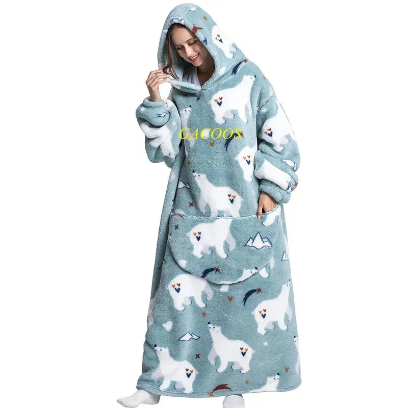 Pyjama Plaid Géant Extra Long avec Capuche pour Toute la Famille