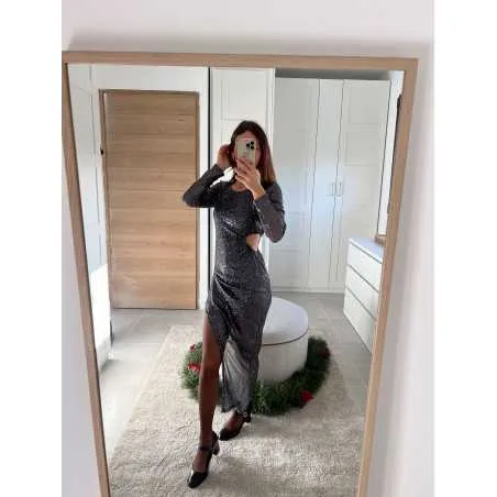 Robe longue sequins grise asymétrique