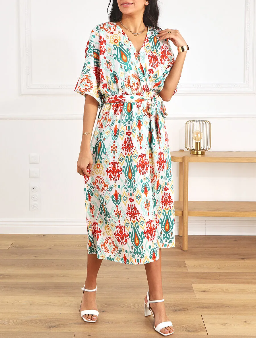 Robe longue style kimono imprimé aztèque - Vert