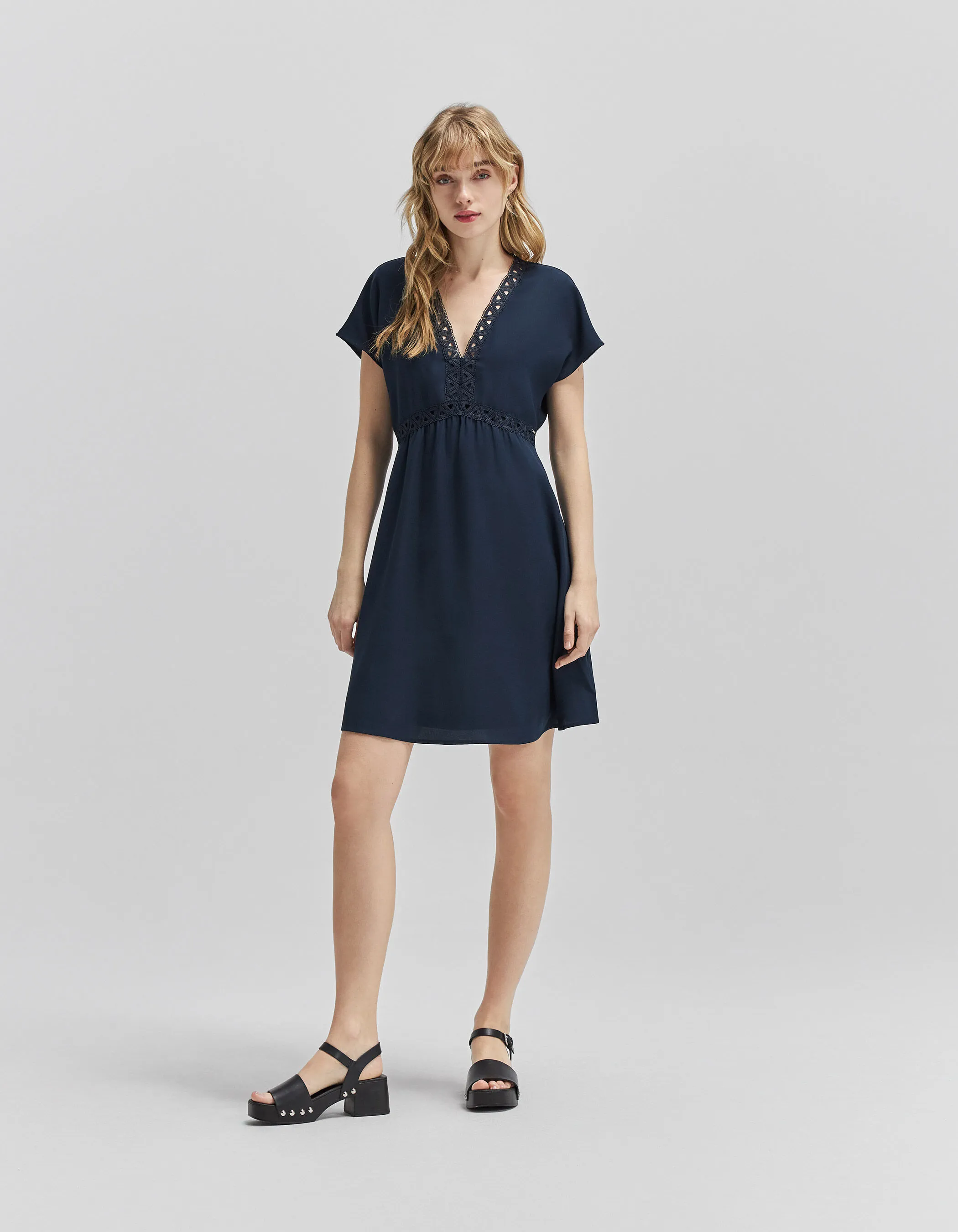 Robe marine recyclée ganses dentelle Femme