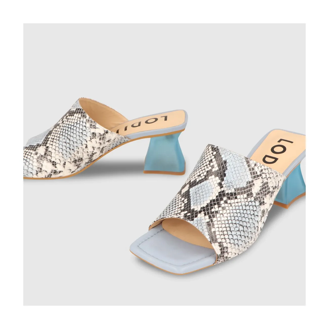 Sandales à talon femme en cuir à imprimé animal de couleur bleuee| LODI Chaussures pour femme en ligne.